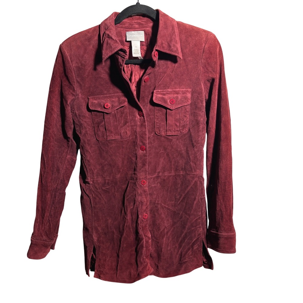 VTG Liz Claiborne Womens Burgundy Red Suede‎ Shirt Jacket M *Distressed Boho SEE
